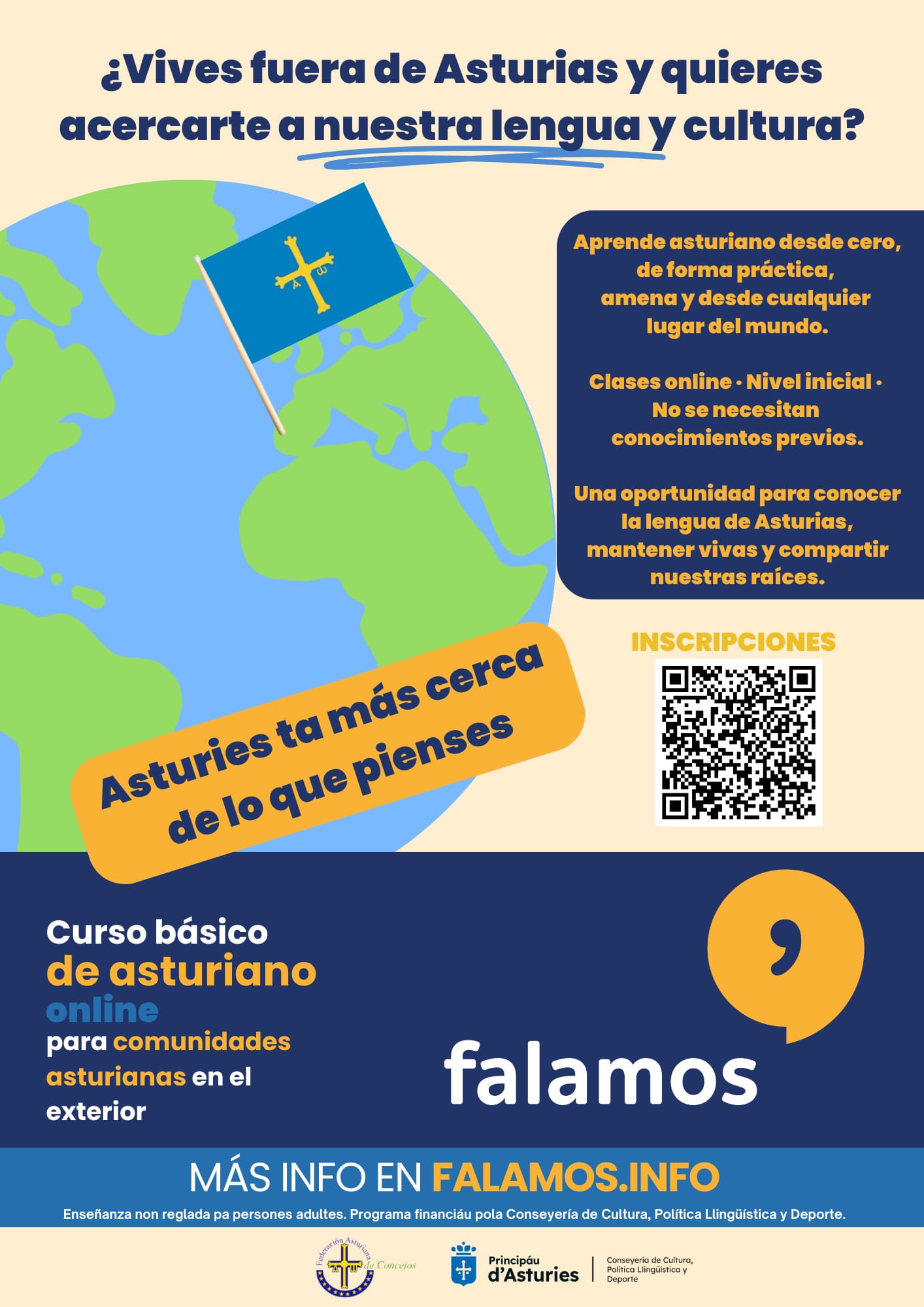 Cartel del curso básico de asturiano online del programa Falamos