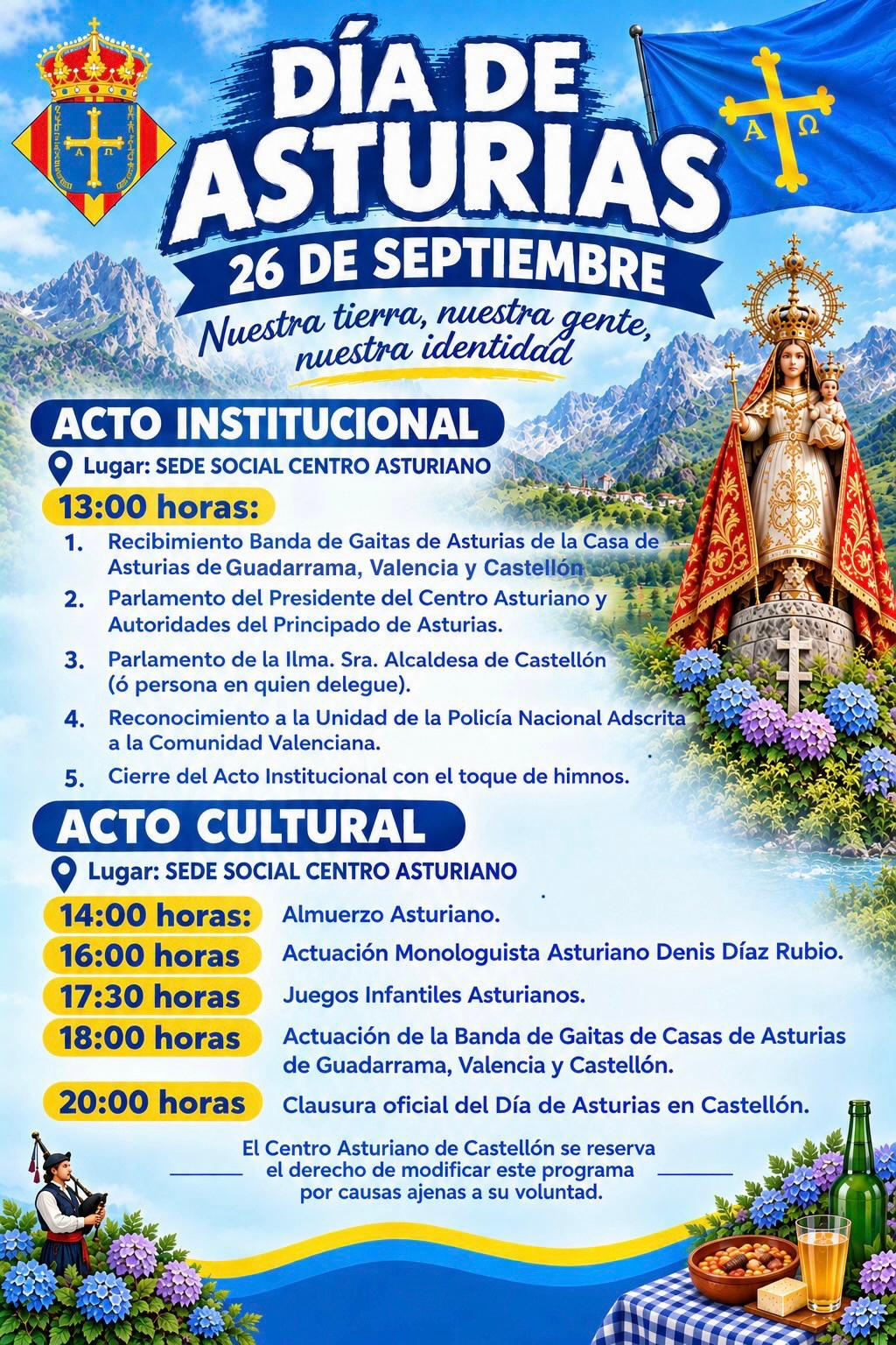 Cartel del Día de Asturias en Castellón, 26 de septiembre de 2026. Actos en la sede social del Centro Asturiano de 13:00 a 20:00 horas; programa completo transcrito en esta página.